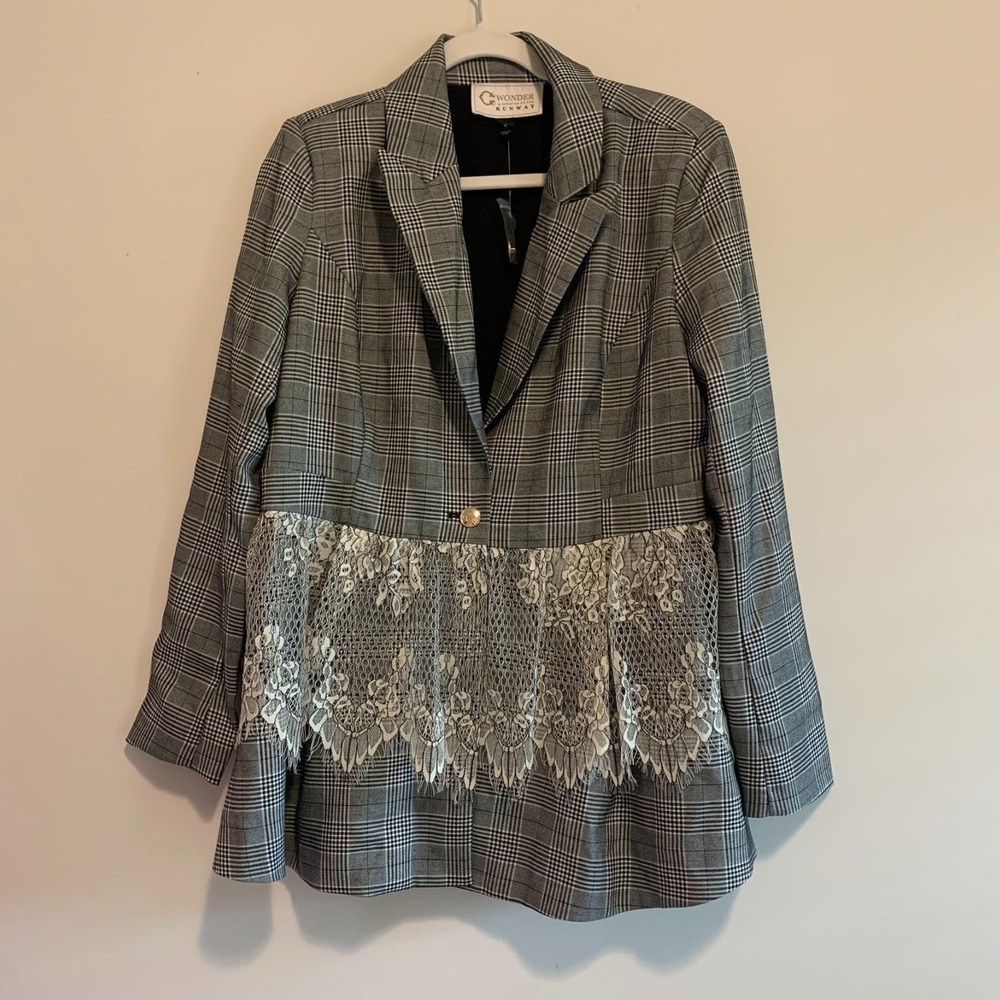 C Wonder Blazer Women M Grey Plaid Jacket Lace Peplum Preppy Dark Academia NEW